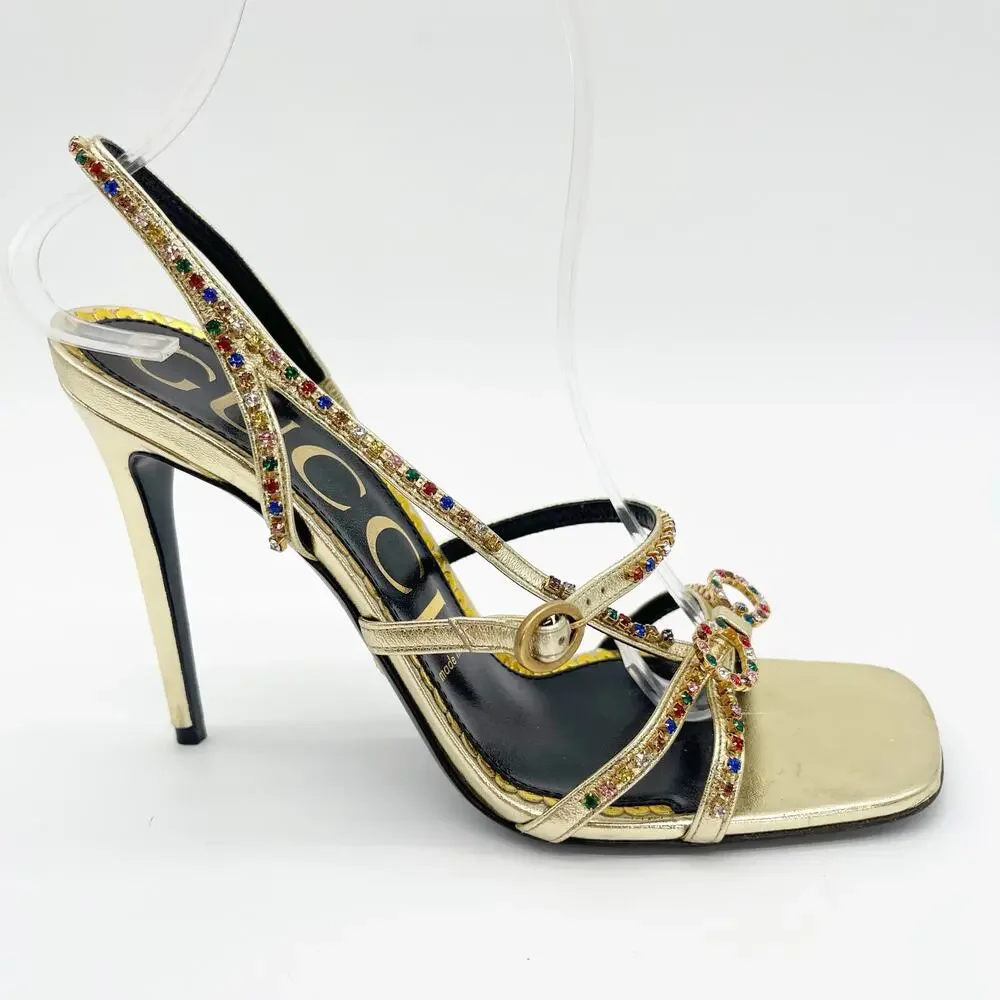 Gucci Carmen Crystal Embellished Gold Leather Bow High Heel Sandals EU 38.5 - Picture 3 of 13